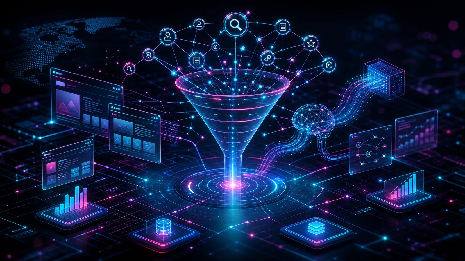 Abstracte ROTZ-visual met zoekgrafieken, structured data en AI-vindbaarheid voor SEO Lelystad.