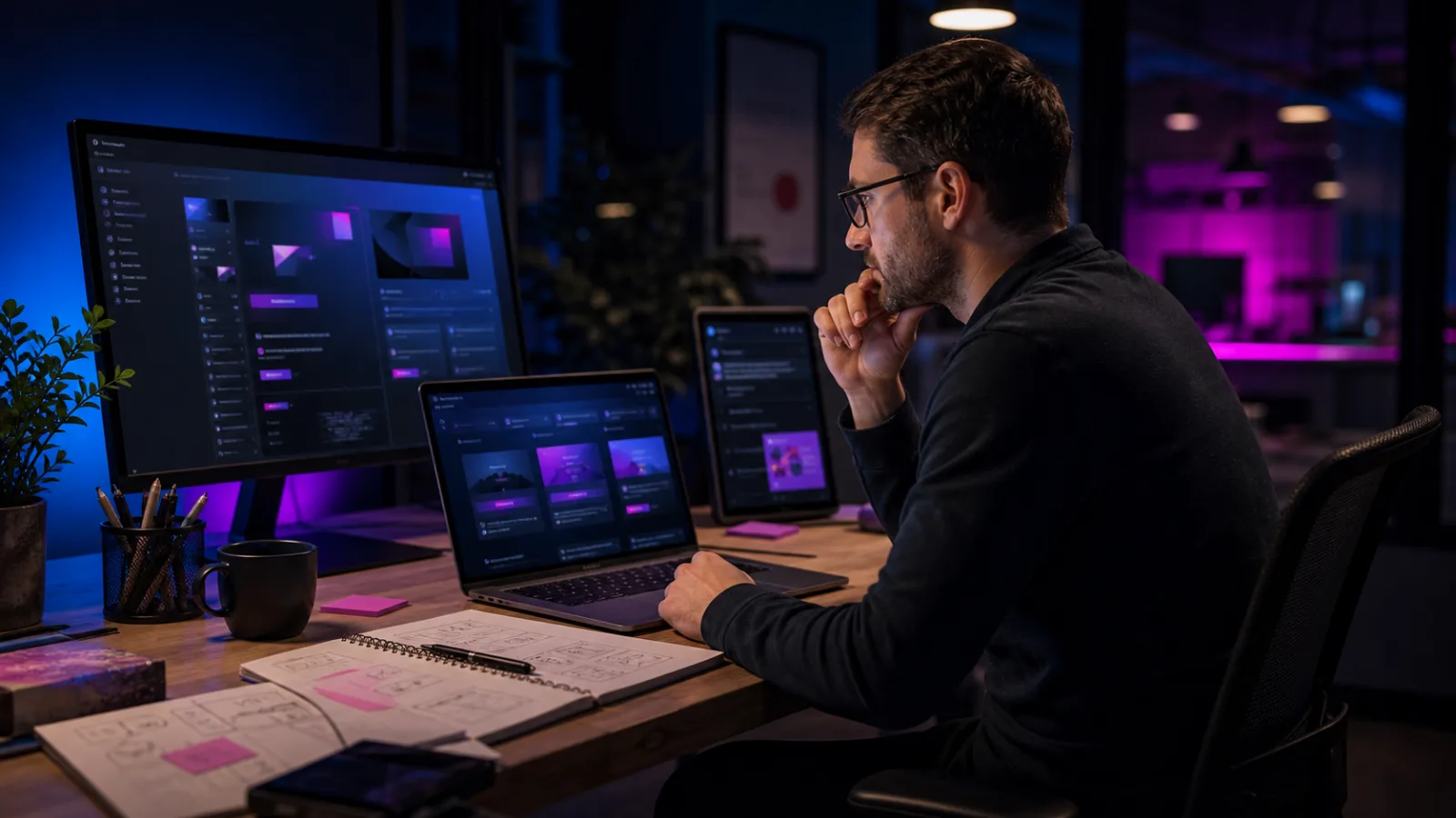 Engineer gebruikt AI-ondersteunde tools voor custom websiteontwikkeling.