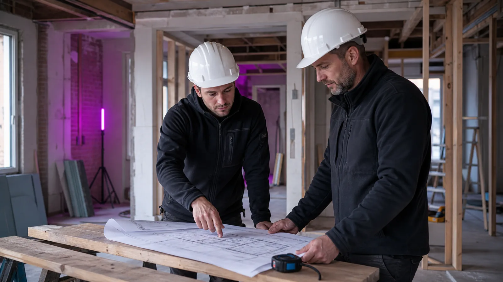 Bouwprofessionals bespreken een renovatieproject op locatie.