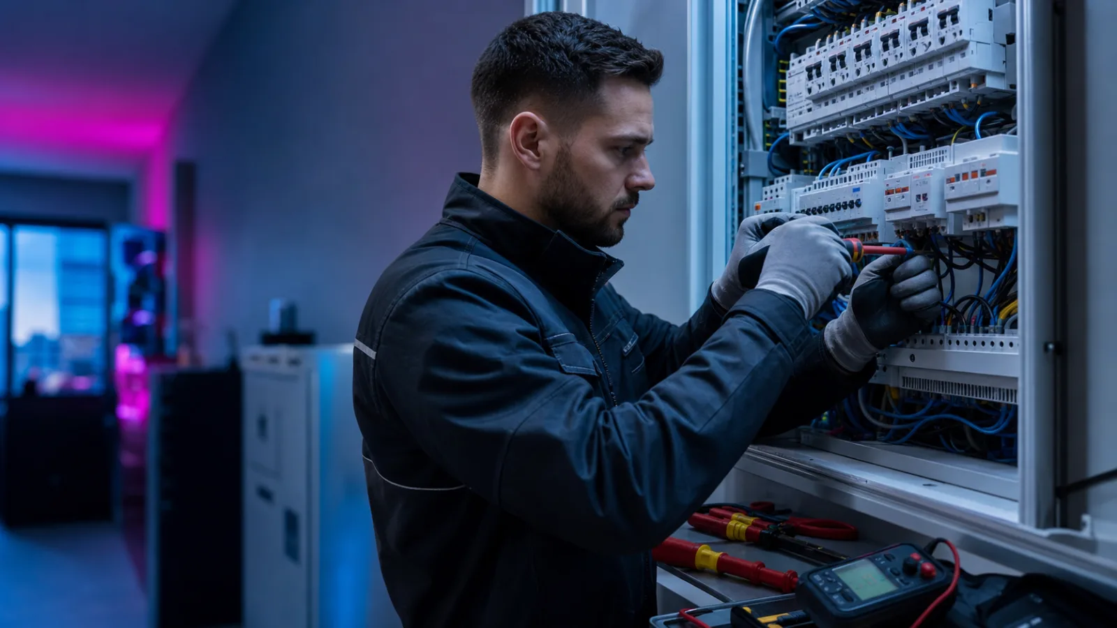 Elektricien werkt veilig aan een moderne elektrische installatie.