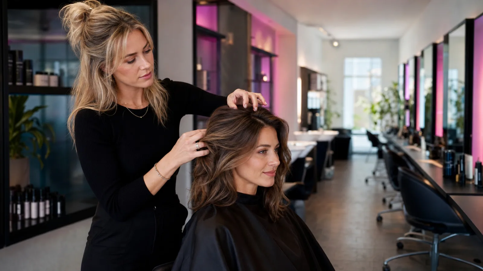 Kapper werkt met klant in moderne salon voor een branchegerichte website.