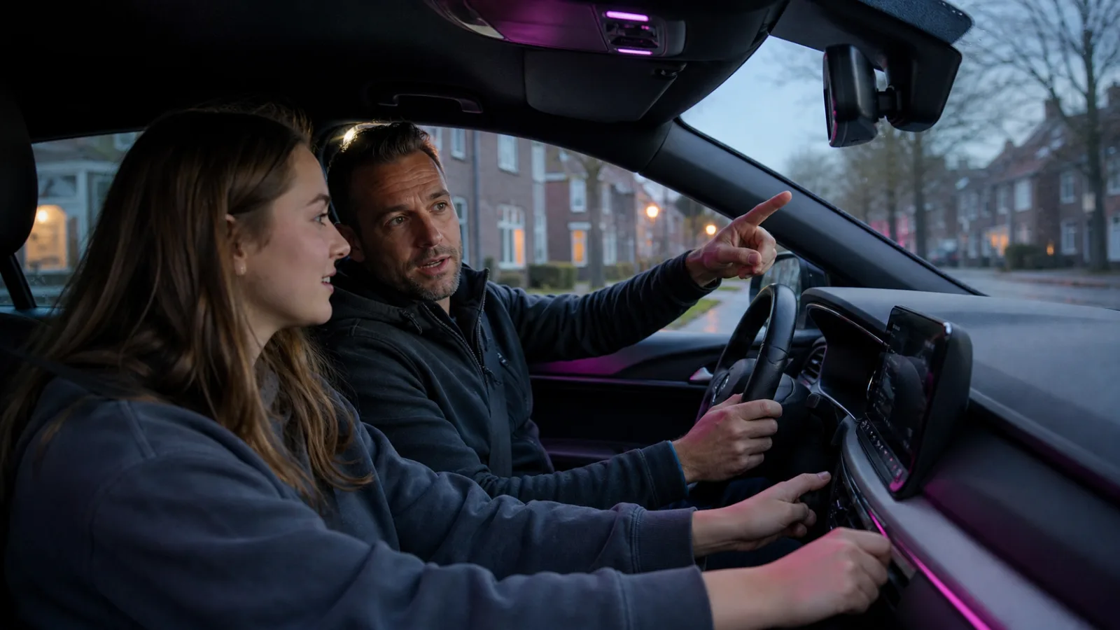 Rijinstructeur begeleidt leerling in een lesauto.