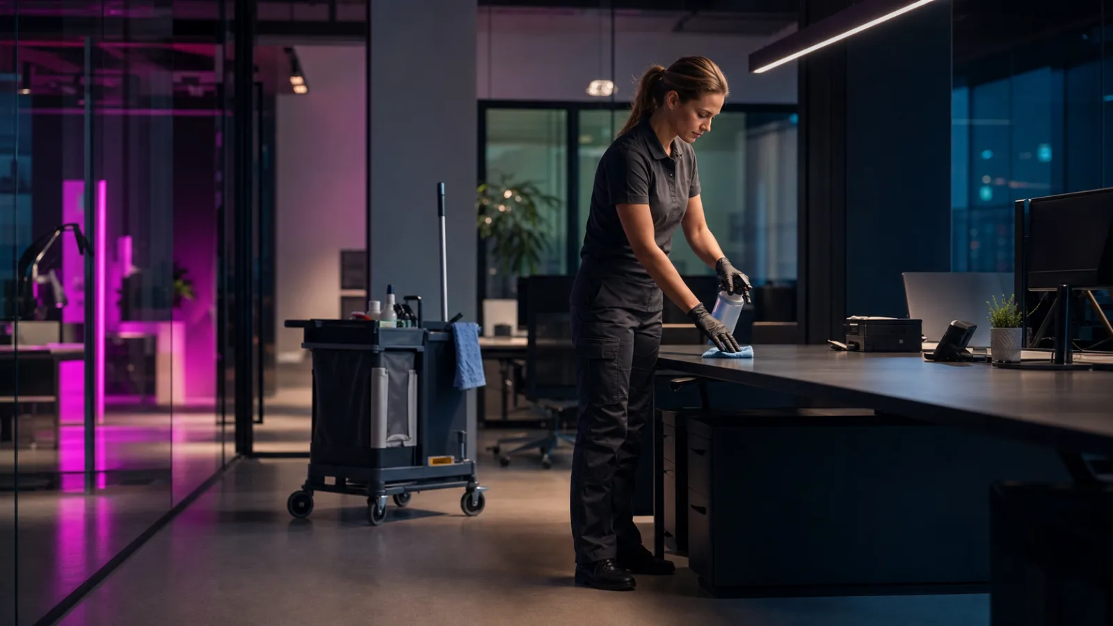 Professionele schoonmaker werkt in een modern kantoor.
