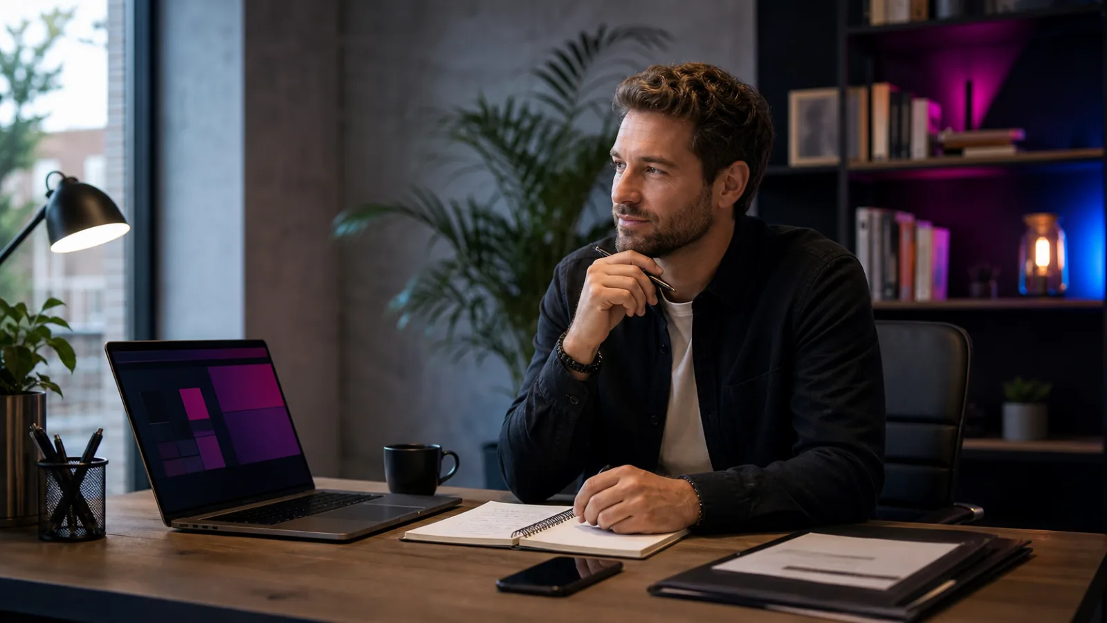 Zelfstandig ondernemer werkt aan professionele online presentatie.